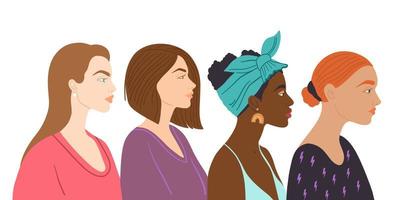 retratos vectoriales de mujeres de diferentes nacionalidades y culturas. concepto de poder femenino, hermandad y unión de feministas. vector