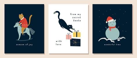 Set of Christmas greeting cards with black cats. New Year posters vector