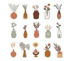 Boho set of blooming flowers in vases and bottles isolated on white background. Vector  Modern collection. Flat cartoon aesthetic illustration.