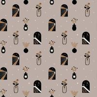 Vector seamless pattern with modern arch, sun, half moon and flowers in a vases. Bohemian aesthetic abstract illustration