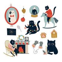 Bundle of black cats celebrating Christmas. New Year set with home decorations, wreath, gift, candles vector