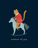 Funny cat rides a toy horse. Christmas and New Year illustration, greeting card vector
