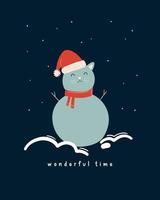 Snowman in the form of a cat. Christmas and New Year illustration, greeting card vector