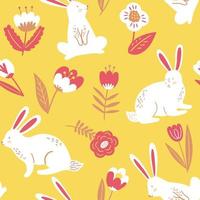 Seamless pattern with bunnies, rabbit and spring flowers for Easter on yellow background. Vector design perfect for fabric, textile, wrapping paper, wallpaper and print.