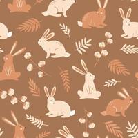 Seamless pattern with bunnies, rabbit, coton and spring flowers for Easter. Vector design perfect for fabric, textile, wrapping paper, wallpaper and print.