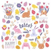 Happy Easter cartoon set. Vector and design characters. Hand drawn doodle illustration