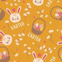 Seamless pattern with bunnies, rabbit, eggs, basket and a sprig of cotton for Easter. Vector design perfect for fabric, textile, wrapping paper, wallpaper and print.