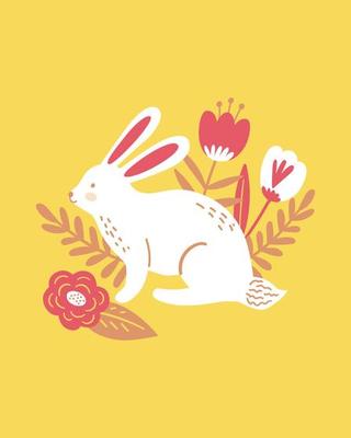Happy Easter poster, print, greeting card or banner with  white bunny or rabbit, spring flowers and plants. Vector hand drawn illustration.