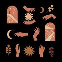 Vector bohemian set. Magical hands with aesthetic contemporary arch, half moon and sun. Flat cartoon modern illustration