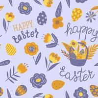 Seamless pattern with lettering 'Happy Easter' eggs, basket and a spring flowers for Easter. Vector design perfect for fabric, textile, wrapping paper, wallpaper and print.