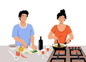 Vector couple cooking togeater. Cartoon woman roasts potatoes on the stove, man cutting  vegetables for salad. People preparing healthy food on kitchen at home.