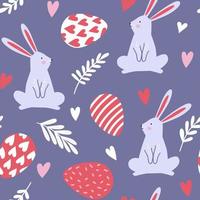 Seamless pattern with bunnies, rabbit, eggs, hearts and plants for Easter. Vector design perfect for fabric, textile, wrapping paper, wallpaper and print.