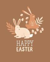 Happy Easter poster, print, greeting card or banner with bunny or rabbit, sprig of cotton, plants and lettering or text. Vector hand drawn illustration.