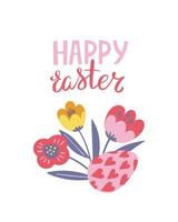 Happy Easter poster, print, greeting card or banner with spring flowers, egg with hearts and lettering or text. Vector hand drawn illustration.