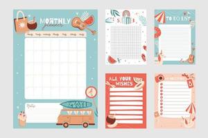 conjunto de plantillas de planificador semanal y diario. horario con notas y lista de tareas con artículos de verano. ilustración vectorial vector