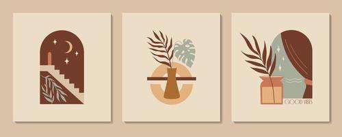 Vector modern minimalist prints. Abstract aesthetic illustration and bohemian contemporary wall art, interior decoration.  Poster with hands, vases, terracotta and plants