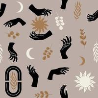 Vector seamless pattern with magical hands, sun, half moon and plants. Bohemian aesthetic abstract illustration