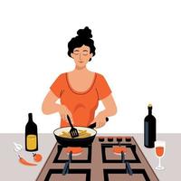 Vector young woman cooks in the kitchen. Cartoon girl roasts potatoes on the stove. Doodle  Illustration