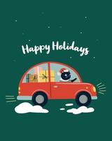 Black cat carries gifts in a red car. Christmas and New Year illustration, greeting card vector