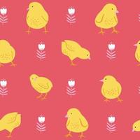 Seamless pattern with chicken and spring flowers for Easter. Vector design perfect for fabric, textile, wrapping paper, wallpaper and print.