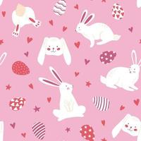 Seamless pattern with bunnies, rabbit, eggs,  and heart for Easter on pink background. Vector design perfect for fabric, textile, wrapping paper, wallpaper and print.