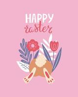 Happy Easter poster, print, greeting card or banner with bunnies or rabbits, spring flowers, plants and lettering or text. Vector hand drawn illustration.