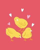 feliz cartel de Pascua, impreso, tarjeta de felicitación o pancarta con lindo pollo y corazones. ilustración vectorial dibujada a mano.