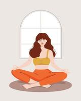 mujer vectorial con los ojos cerrados sentada en una pose de loto en casa. conceptos de meditación, yoga, relajación, práctica espiritual, recreación, estilo de vida saludable. ilustración de dibujos animados plana. vector