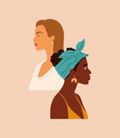 Two women of different nationalities and cultures standing together vector