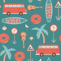 Seamless summer pattern with car or bus, surfboard, road sign with seagull, ukulele, palm, shell and lettering Wave lover.  Vector illustration