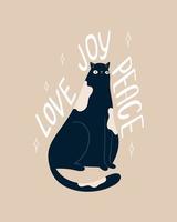 Funny Black cat illustration. Love, peace, joy vector