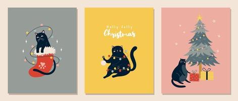 Set of Christmas greeting cards with black cats. New Year posters vector