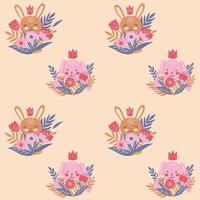 Seamless pattern with bunnies, rabbit, crown, spring flowers and plants for Easter. Vector design perfect for fabric, textile, wrapping paper, wallpaper and print.
