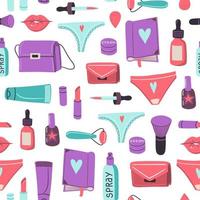 Vector seamless pattern with cosmetics items and stuff. Feminism concept, woman elements for print, fabric, textile, wallpaper