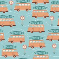 Seamless summer pattern with car or bus, surfboard, road sign with bird or seagull and lettering, Wave lover.  Vector illustration for fabric, wrapping paper, wallpaper, textile, background
