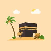 Mecca with onta and drum muslim ramadan greeting on arabian illustration vector