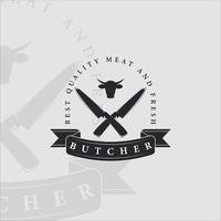 butchery logo vintage vector illustration template design. retro butcher shop label with crossed cleavers and knife concept