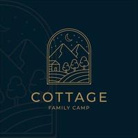 cottage or cabin line art minimalist simple vector logo illustration design. badge cottage at mountain forest in night line art logo concept minimalist simple icon illustration vector design