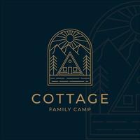 cottage or cabin line art minimalist simple vector logo illustration design. cottage at mountain forest of pine tree line art logo concept icon minimalist simple vector illustration design