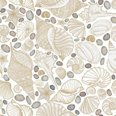 Seashell seamless pattern. Summer holiday marine background. Underwater ornamental textured sketching wallpaper with sea shells, sea star and sand.