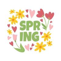 Cute Spring square greeting card with childish simple doodle flowers, leaves and hearts on white background. Hand drawn vector springtime social media template.