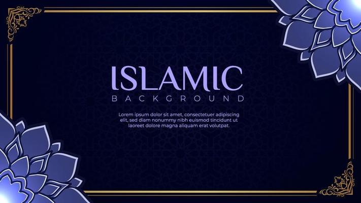 Luxury Islamic greeting card banner with beautiful flowers decoration on dark blue background. Invitation card template with Arabic ornament and mandala