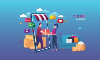 Online shopping on website E-commerce or mobile phone applications and digital marketing. The woman is shopping on mobile phone and the man is delivering. Vector flat design concept.