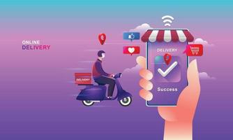 Online shopping on website E-commerce, applications and digital marketing. Hand holding smartphonwith the delivery man. Template for banner, web landing page, social media. Vector flat design concept.