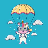 cute unicorn skydiving, suitable for children's books, birthday cards, valentine's day, stickers, book covers, greeting cards, printing. vector