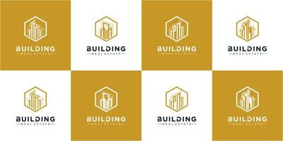 Set of building in hexagon logo design, building vector logo collections