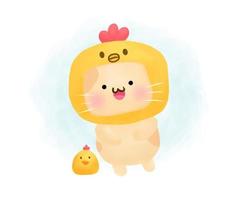Cute cat wearing chicken costume in water color style with friend vector