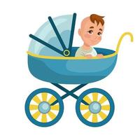 Baby boy in a blue stroller on a white background - Vector