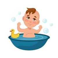 Baby boy bathes in a basin, isolate on a white background - Vector