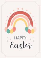 Happy Easter greeting card with rainbow and painted Easter eggs vector